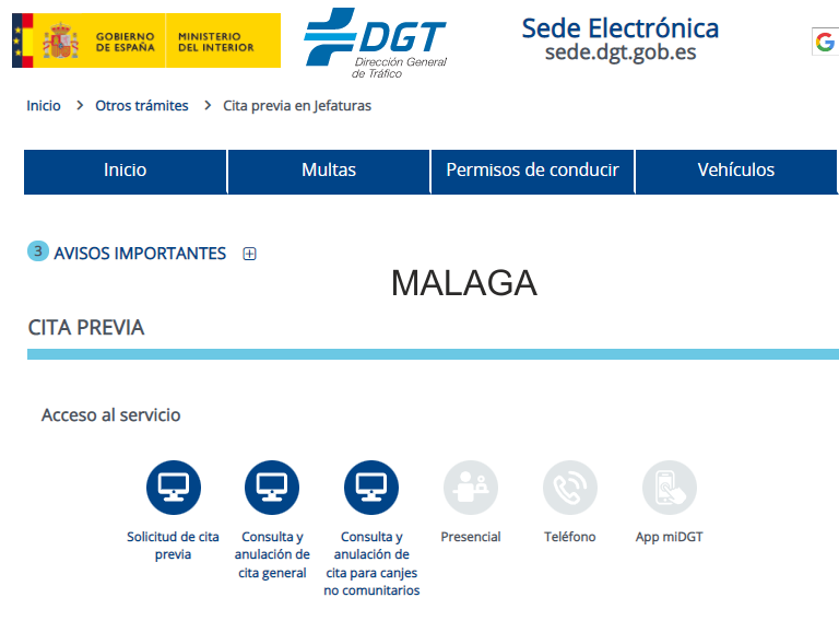DGT Málaga. Pedir Cita Previa en la Jefatura de Tráfico 1